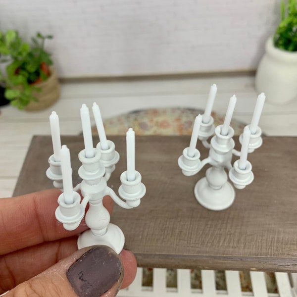Miniature dollhouse white candelabra, scale 1:12, miniature candles, miniature shabby chic or farmhouse