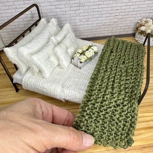 Miniature dollhouse knitted blanket, Basil Green, miniature throw blanket, dollhouse bedding accessory