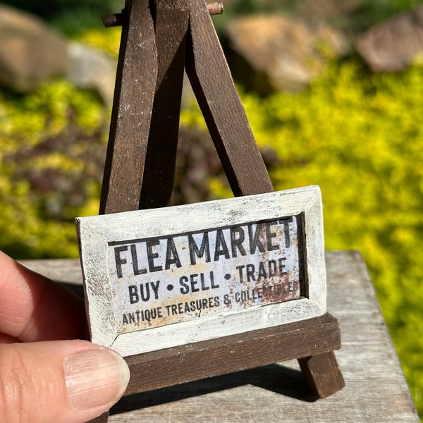 Miniature dollhouse framed Flea Market sign, weathered frame, dollhouse farmhouse decor, miniature signs