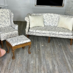 Dollhouse living room set, miniature couch, chair, and bench, matching 3 piece set, dollhouse furniture