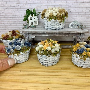 Miniature dollhouse wicker baskets filled with flowers , dollhouse garden, miniature plants, dollhouse accessory
