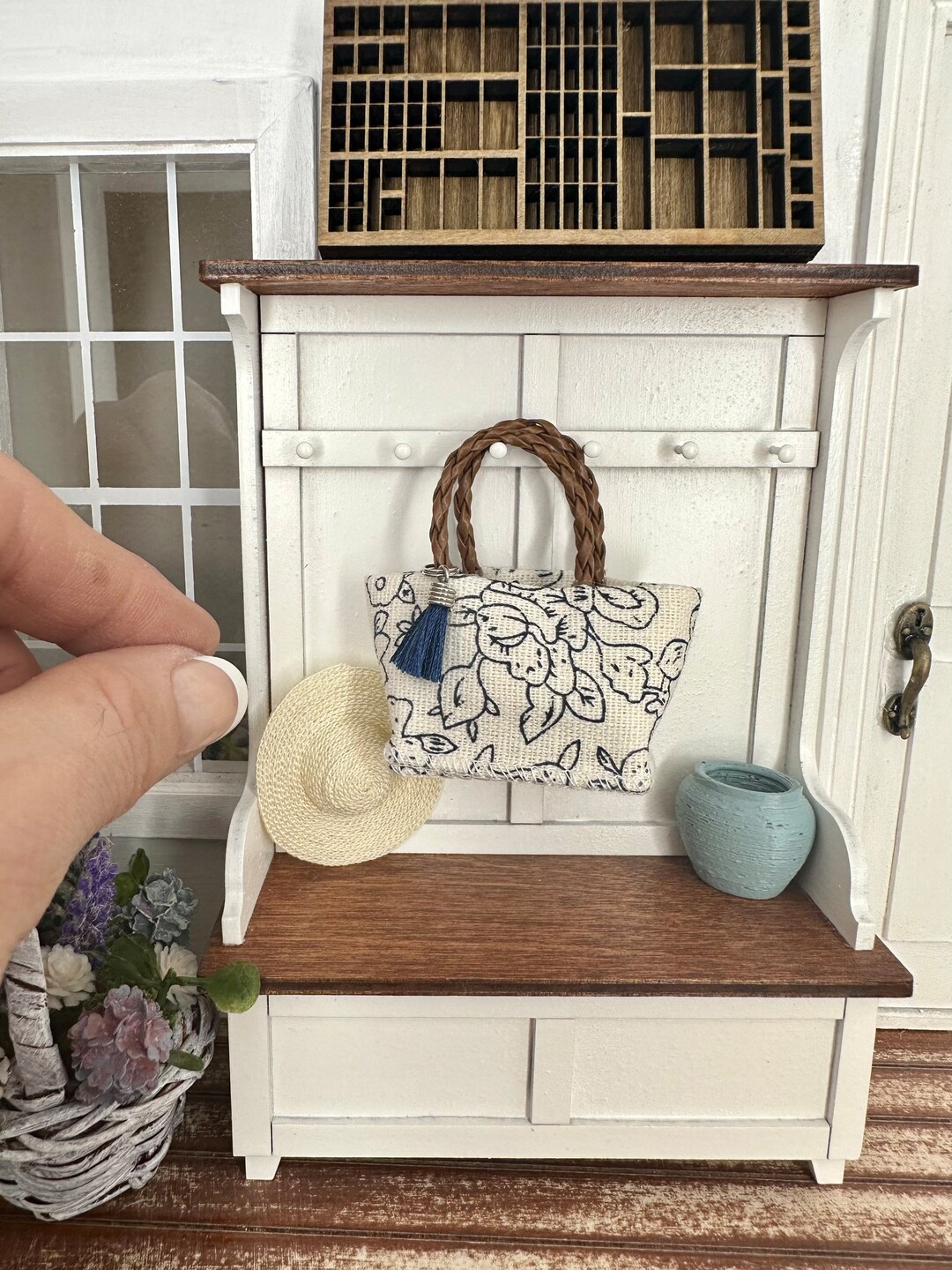 Miniature Dollhouse Navy Blue and White Floral Bag, Miniature Tote