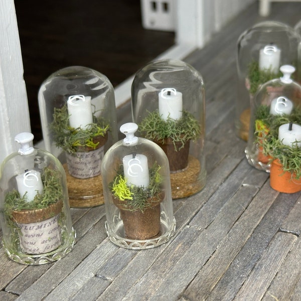 Miniature dollhouse Brown potted candle in a bell jar, miniature candle