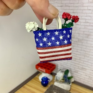 Miniature dollhouse American flag tote bag, July 4th, dollhouse accessory and decoration