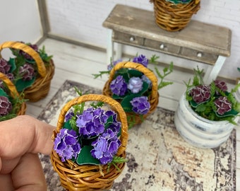 Miniature purple or cranberry hydrangeas in a basket or potted, 1:12, miniature dollhouse flowers