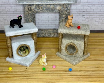 Miniature dollhouse cat house, condo, cat tree, miniature pet accessory, White or Beige