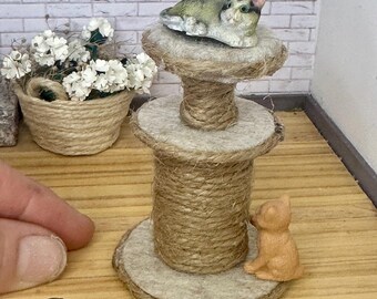Miniature dollhouse Beige cat house, condo, cat tree, miniature pet accessory