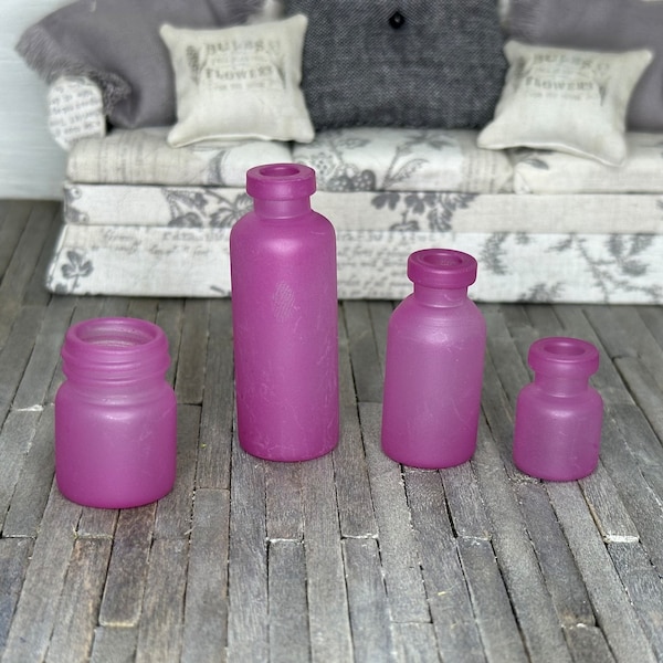 Miniature dollhouse Pink Rose sea glass jars/vases, miniature flowers