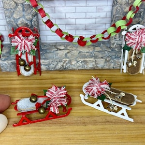 Miniature dollhouse decorative sled, tiny sleigh for Christmas or winter decor