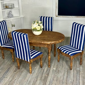 Miniature dollhouse dining table set, set of 5 including 1 table and 4 chairs, Navy and White Stripes