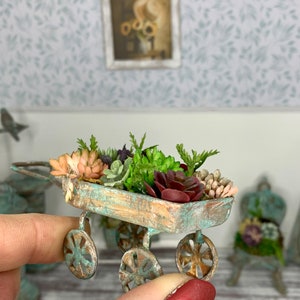 Miniature dollhouse Patina succulent wagon planter, blue/green patina, miniature garden/flowers