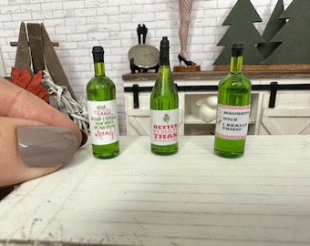 Miniature dollhouse funny Christmas wine bottles, miniature drinks, green wine bottles