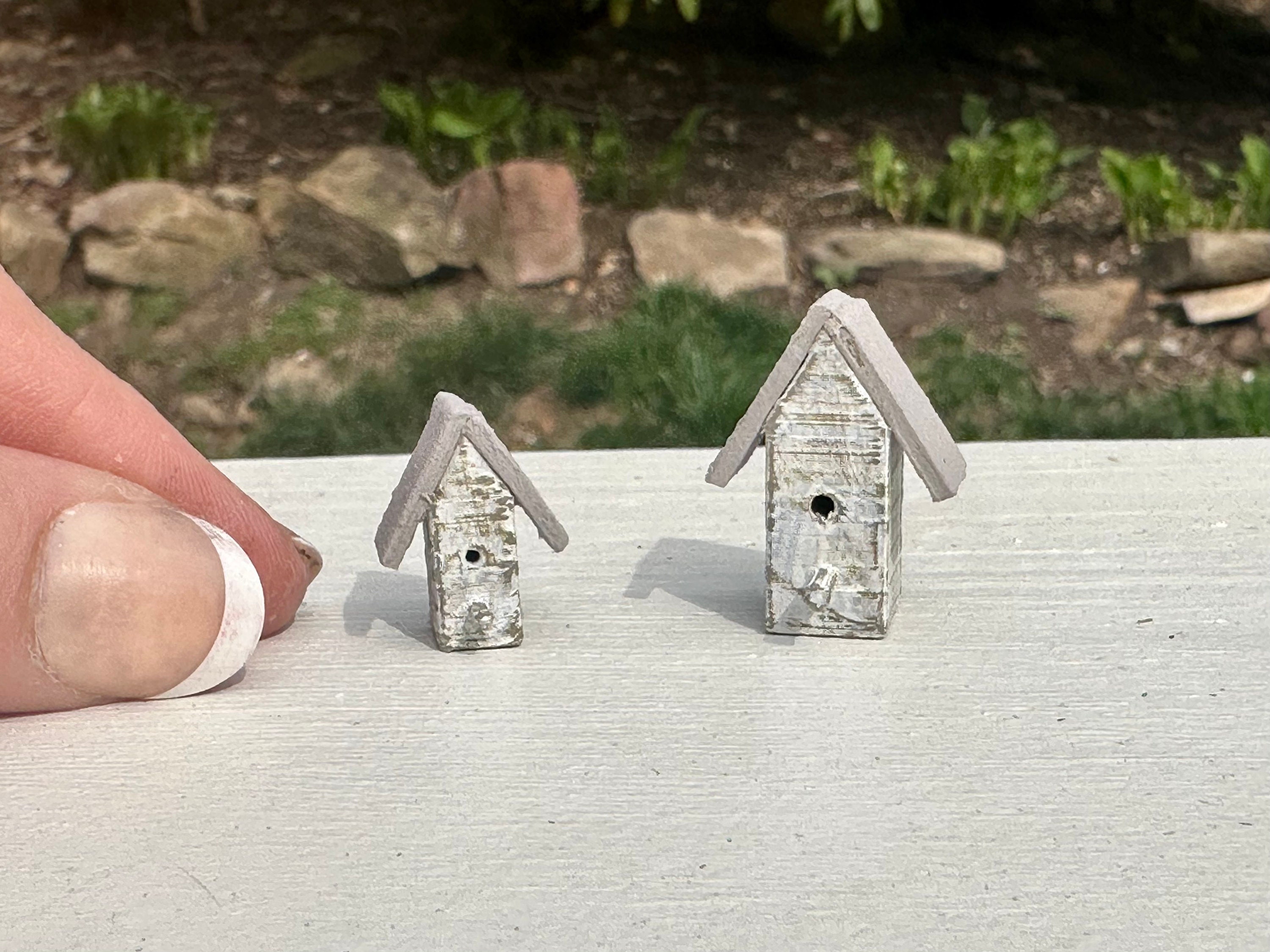 Miniature Dollhouse Aged Birdhouses Aged White and Gray 