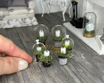 Miniature dollhouse Black potted candle in a bell jar or cloche, mini candles