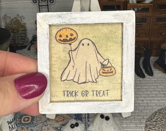 Miniature dollhouse framed Trick or Treat  Ghost picture, fall and Halloween miniature, mini ghost