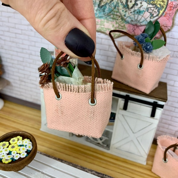 Miniature dollhouse pink canvas tote bag or carry all with leather handles, dollhouse shopping bag, mini beach bag