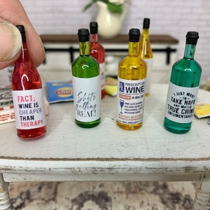 Miniature dollhouse Funny Wine/labels on mini wine bottles, dollhouse accessories, miniature wine or alcohol, dollhouse drinks