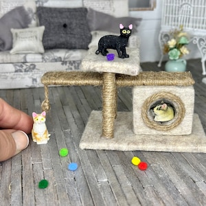 Miniature dollhouse Beige cat house, tree, cat condo, miniature pet accessory