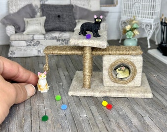 Miniature dollhouse Beige cat house, tree, cat condo, miniature pet accessory
