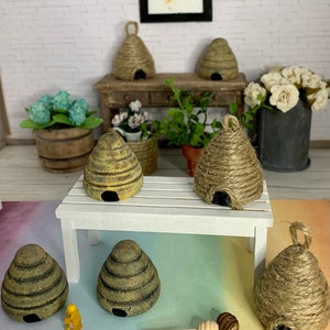 Miniature Dollhouse bee skep, scale 1:12, miniature beehive, miniature bee decoration, miniature bee farmhouse decor