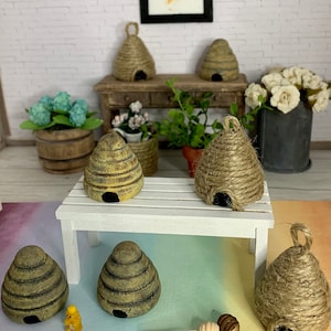 Miniature Dollhouse bee skep, scale 1:12, miniature beehive, miniature bee decoration, miniature bee farmhouse decor