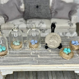 Miniature dollhouse birds nest and eggs cloche, mini easter bell jar, miniature eggs and birds nest
