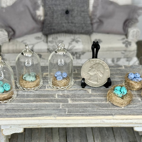 Miniature dollhouse birds nest and eggs cloche, mini easter bell jar, miniature eggs and birds nest