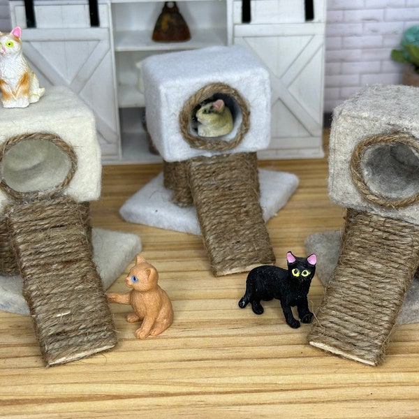 Miniature dollhouse cat house or cat condo with scratching post