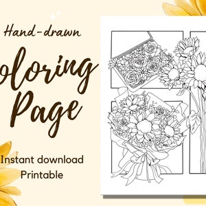 Hand-drawn Floral Coloring Page - Sunflower Coloring Page, Spring Coloring Page, Adult Coloring, Digital Coloring, Printable