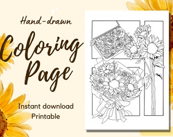 Hand-drawn Floral Coloring Page - Sunflower Coloring Page, Spring Coloring Page, Adult Coloring, Digital Coloring, Printable