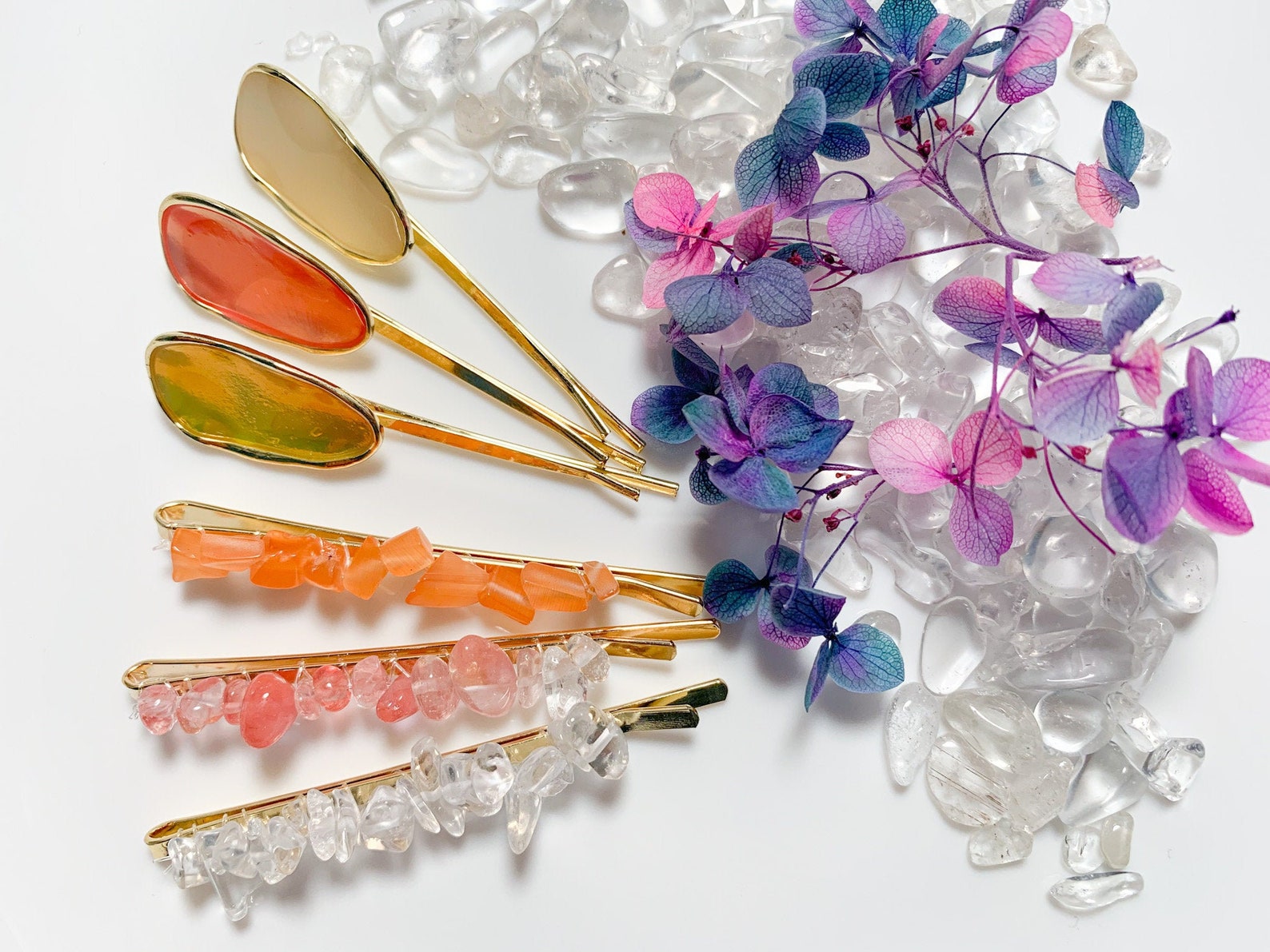 SALE Gemstone Hair Clips Set of 6 Crystal Stones Barrettes Etsy