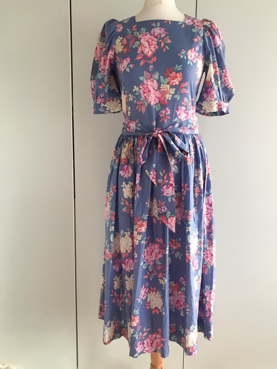 VINTAGE Laura Ashley Blue Floral Tea Dress Size 10 Gem
