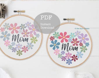 Mama Blumen Herz Kreuzstich Muster, moderne Stickerei, Muttertag Stickgeschenk Geschenk (Digital PDF)