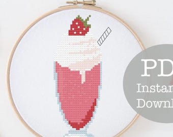 Erdbeere Milchshake Kreuzstichmuster: Milchshake (Digital PDF) Moderne Dessert Stickerei x-Stich