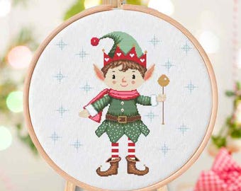 Weihnachtself Kreuzstich Anleitung Süsser Junge Zauberstab Weihnachtsstickerei PDF sofort download digital