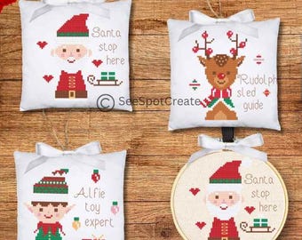 Kreuzstichmuster Weihnachten Weihnachtsmann Elfe Rudolph Rentier Weihnachtsornament Weihnachtskugel PDF Stickanleitung Sticken leicht Anfänger
