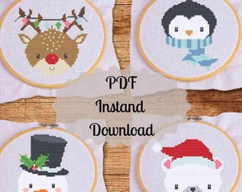 Weihnachten Schneemann Kreuzstich Stickmuster Pinguin Eisbär Rentier Stickdatei Stickmuster Stickdatei Weihnachten PDF sofort download digital