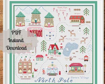 Nordpol Landkarte Kreuzstich Anleitung Weihnachten Nikolaus Dorf Winter Stickerei PDF sofort download Lebkuchenhäuser