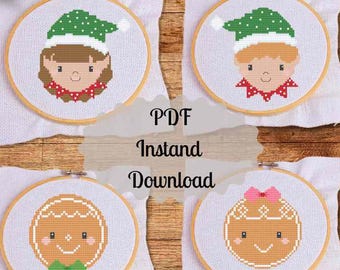 Weihnachtself Lebkuchen Kreuzstich Stickmuster Ornament Weihnachtskugel Mädchen Junge Mann Weihnachten Stickdatei PDF Sofortdownload digital easy Serie Winter