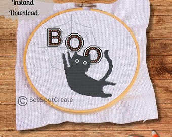 Schwarze Katze Kreuzstichmuster Halloween Kreuzstichmuster Süßes lustiges Spinnenweb Boo Sentiment PDF einfach Anfänger Kreuzstich gothic goth