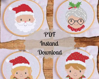 Weihnachten Weihnachtsmann Frau Weihnachtsmann Elfe Kreuzstich Stickmuster Ornament Kugel Weihnachten Stickmuster PDF Sofortdownload digital einfach Serie SET 2 Symbolgesichter