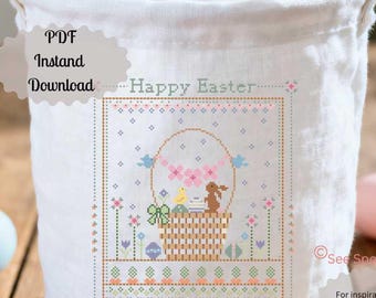 Ostern Kreuzstichmuster, Frühling Korb Häschen Küken Frühling Blumen Cottagecore (Digital PDF)