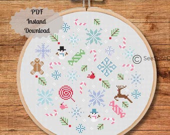 Sampler für Weihnachten Kreuzstich Anleitung Weihnachten Lebkuchenmann Schneemann Zuckerstange Kardinal Rentier Schneeflocken PDF Stickanleitung für Anfänger