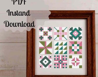 Quilt Block Kreuzstich Muster - 9 Quilt Quadrate Sampler, Anfänger Kreuzstich Muster, Easy Full Stitch Design, PDF, Serie #1