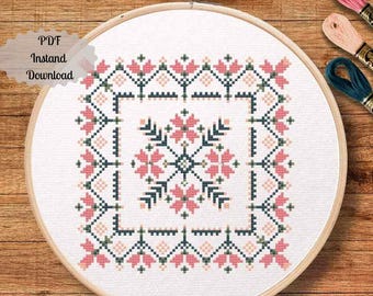 Moderne Volkskunst Kreuzstichmuster, Anfänger, einfacher Vollstich, PDF, GARDEN WALK Floral Sampler