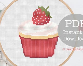 Erdbeer Cupcake Kreuzstichmuster, modernes Dessert Stickbild (Digital PDF) klein