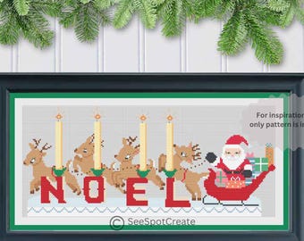 Weihnachtsmann Noel Kreuzstichmuster Weihnachtsstickerei Modernes nehmen auf Vintage Retro Stil Kerzenhalter Rentier Schlitten PDF long large medium
