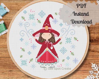Winter Hexe Kreuzstich Muster Schlittschuhlaufen im Schnee Tag digitaler download PDF einfach xstitch Stickerei niedliches adhd Mädchen