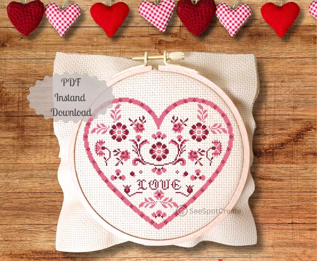 Love Heart Cross Stitch Pattern Valentine's Day Embroidery PDF Quaker ...