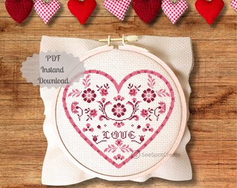 Liebe Herz Kreuzstich Muster Valentinstag Stickerei PDF Quaker Vintage Lace Sampler Retro Sofortdownload digital Zählwächter